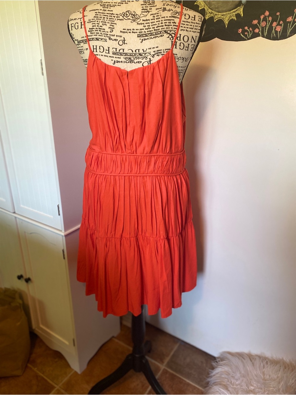 MACARON Coral Tiered Spaghetti-Strap Mini Dress